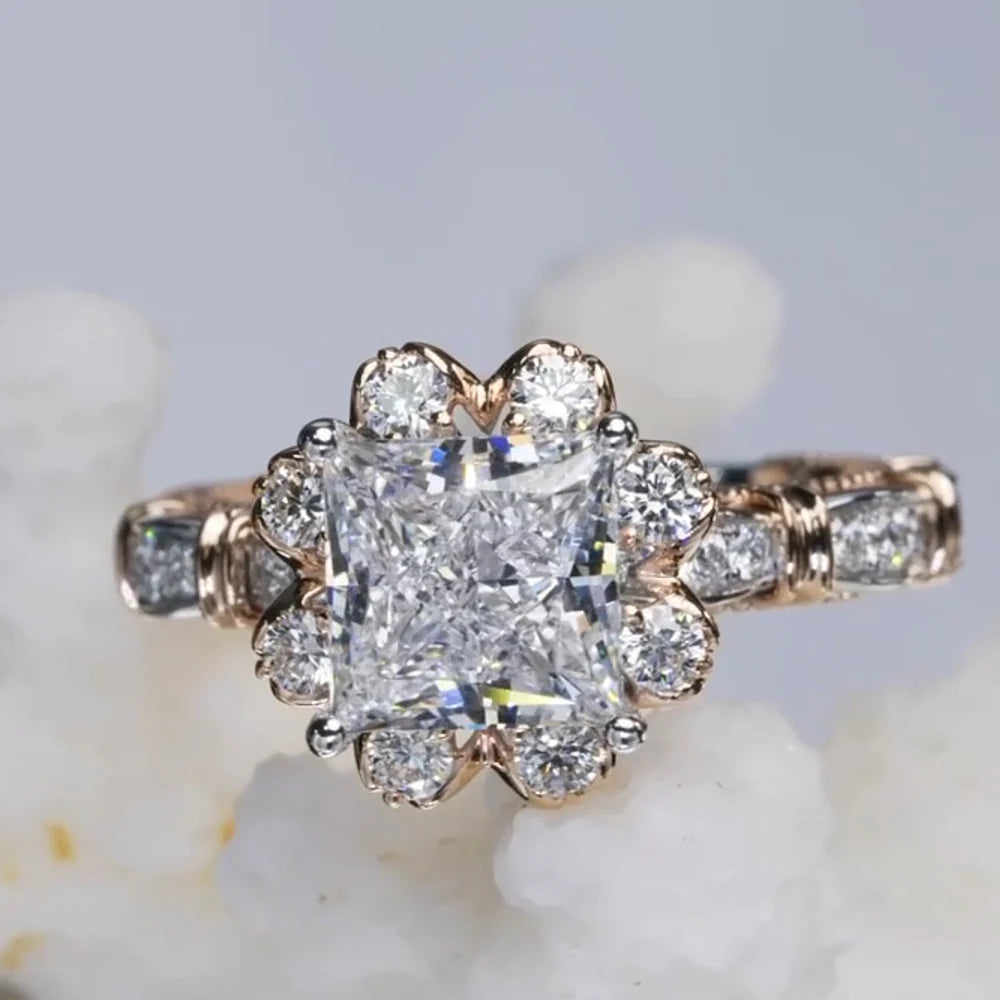New Arrived Flower Design Princess Cut Engagement Ring