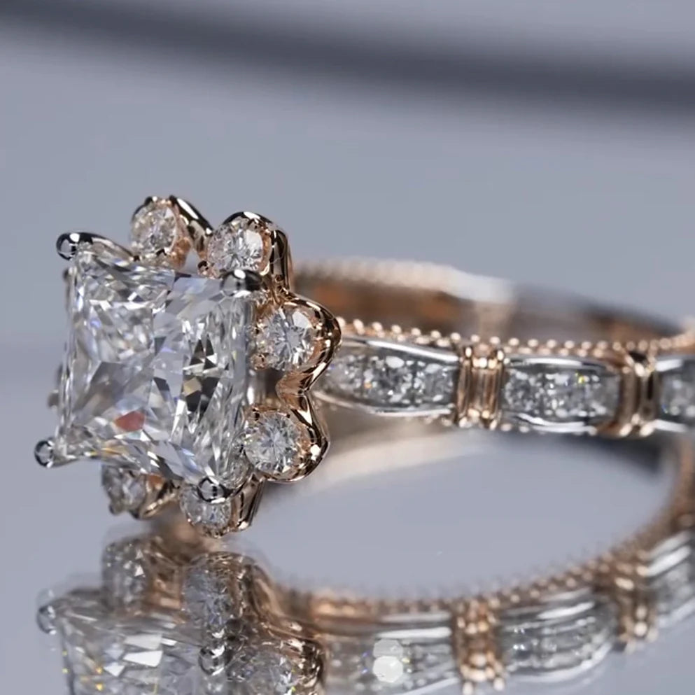 New Arrived Flower Design Princess Cut Engagement Ring